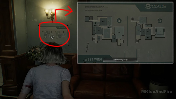 Grace examining the West Wing Map of Rhodes Hill Chronic Care Center on the wall