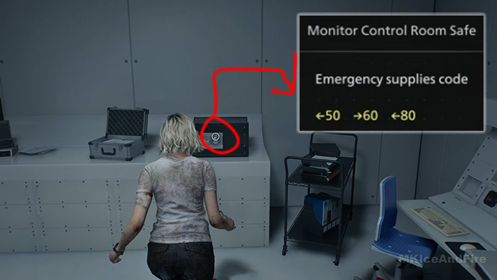 The player approaches a black safe in the Monitor Control Room; the screen displays the emergency supplies code: Left 50, Right 60, Left 80.