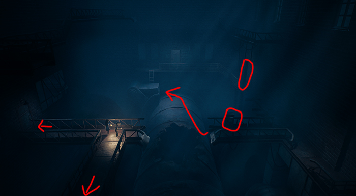 A wide overhead view of an industrial tunnel arrows point to platforms and ladders.