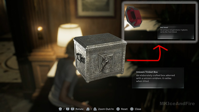 Unicorn Trinket Box puzzle solution yielding the Red Jewel in Resident Evil Requiem