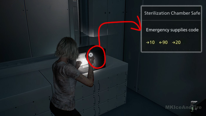 The character interacts with another safe in the Sterilization Chamber; the code shown is Right 10, Left 90, Right 20.
