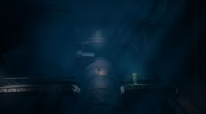 One character walks along a massive pipe in a foggy, dimly lit industrial area.
