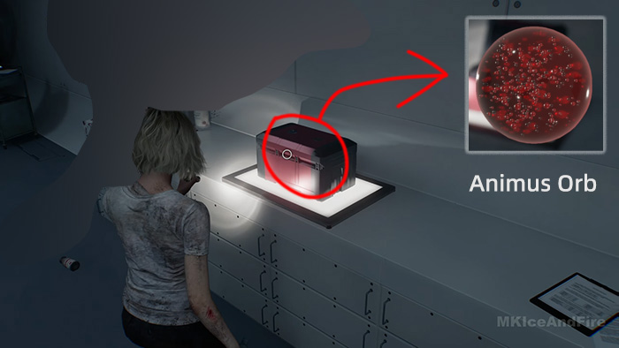 Opening a second glowing case reveals the Animus Orb, a red sphere containing biological samples.