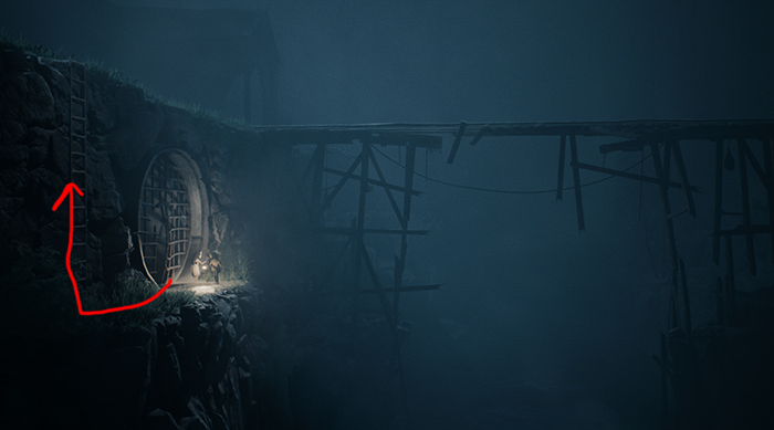 The duo stands at the entrance of a stone tunnel arrow shows path up the ladder.