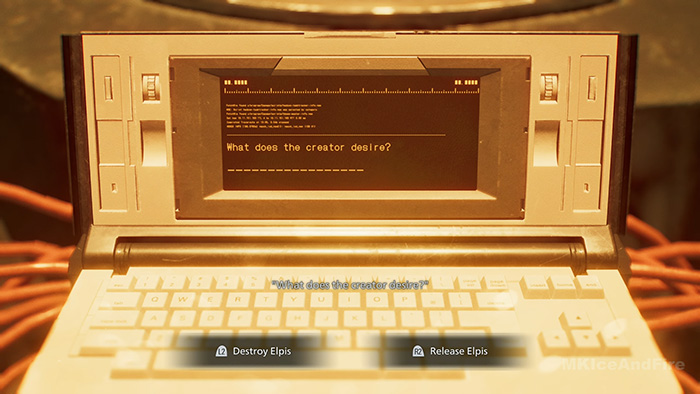 A laptop screen displays the question "What does the creator desire?" with two final choices: Destroy Elpis or Release Elpis.
