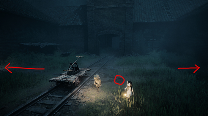 Two characters walk beside a broken rail cart on overgrown tracks arrows point to possible paths.