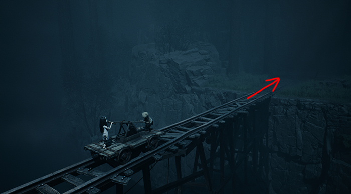 The characters ride a rail cart across a narrow wooden bridge over a deep chasm.