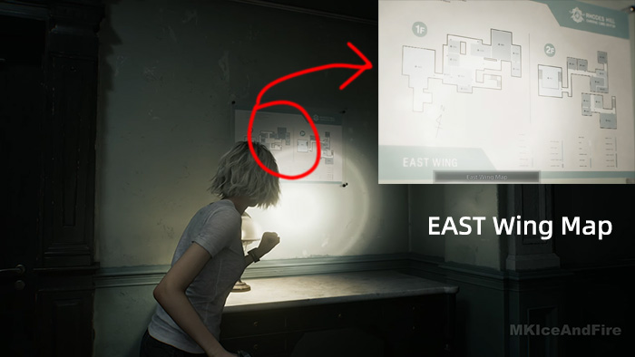 Grace examining the East Wing Map of Rhodes Hill Chronic Care Center on the wall