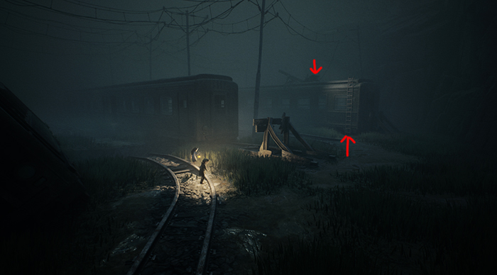 A character runs toward a train car with a ladder arrows show entry points.