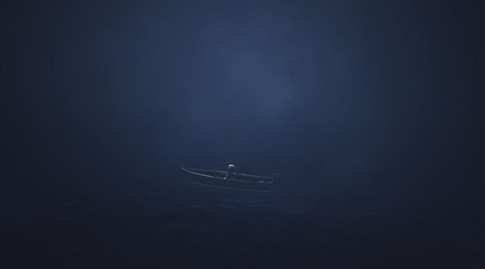 The sack-headed boy rows a small boat across a dark, foggy sea.
