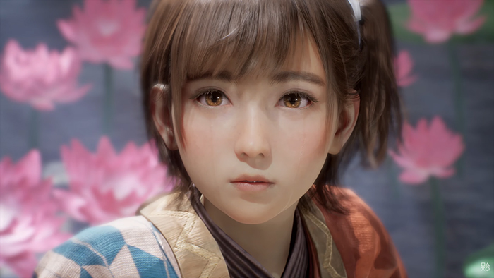 A close-up of Emma, the protagonist of Beast of Reincarnation, with a calm and determined expression. She wears traditional-style clothing and has short brown hair tied in pigtails, set against a backdrop of pink lotus flowers.