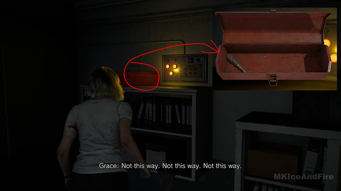 Grace finding the Screwdriver inside a toolbox mounted on the wall