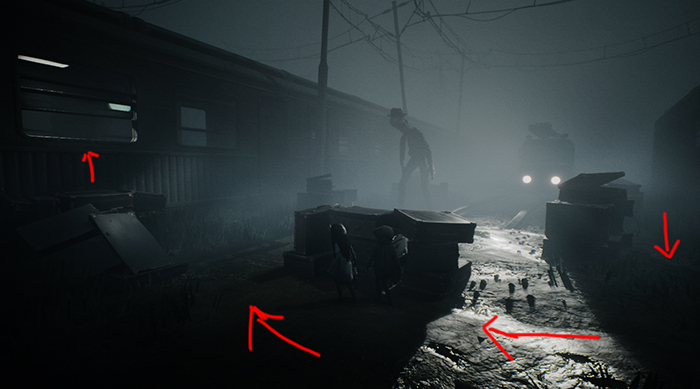 The two characters crouch in darkness, hiding from a tall creature as it passes nearby arrows indicate safe paths forward.