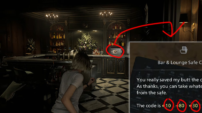 Grace finding Bar & Lounge Safe with code Left 10 Right 80 Left 30 in Resident Evil Requiem