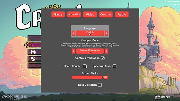 Settings menu in Croak showing various configuration options like Language (set to English), Grapple Mode, Controller Vibration, and Screen Shake intensity slider, overlaid on the main menu background.