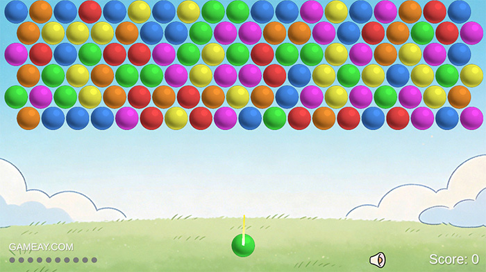 Bubble Pop gameplay: player aims green bubble shooter at colorful bubble grid above. Score is 0, ammo dots show 10 shots remaining. Bright sky background with clouds and grass field.