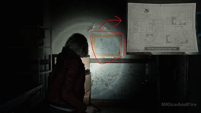 Grace examining The Wrenwood Hotel Floor Plan map on the wall