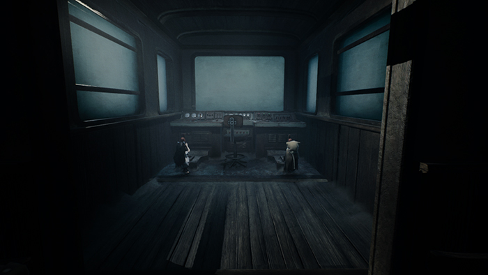 Inside a dimly lit train control room, the duo stands before a console with glowing buttons and dials.