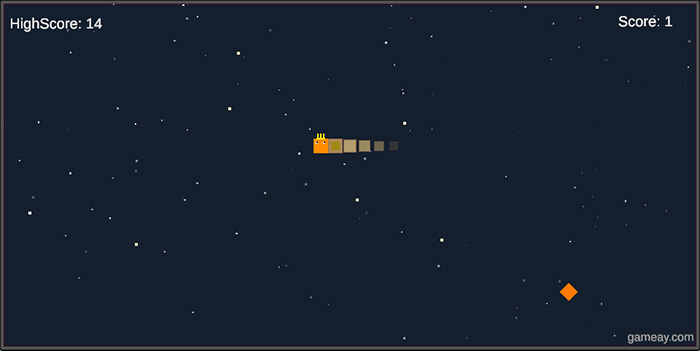 Early gameplay of Snake Game: short yellow snake moving toward orange food on dark space background. Score is 1, high score is 14.