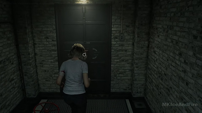 Grace approaching a locked metal door in a dark brick corridor in Resident Evil Requiem