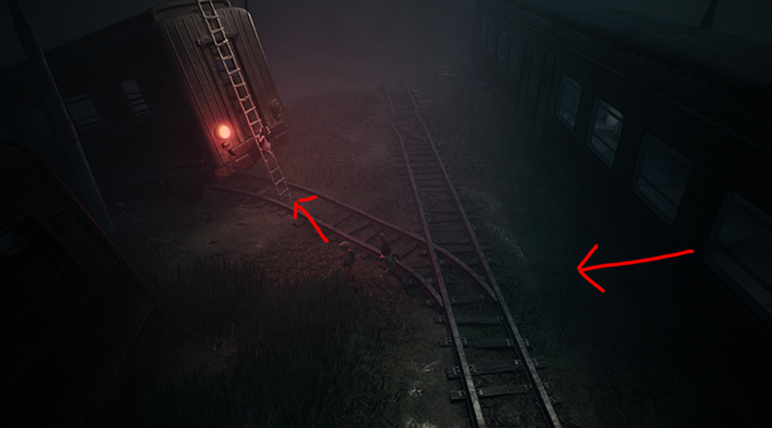 A tilted train car rests on broken tracks arrows show the ladder and path forward.