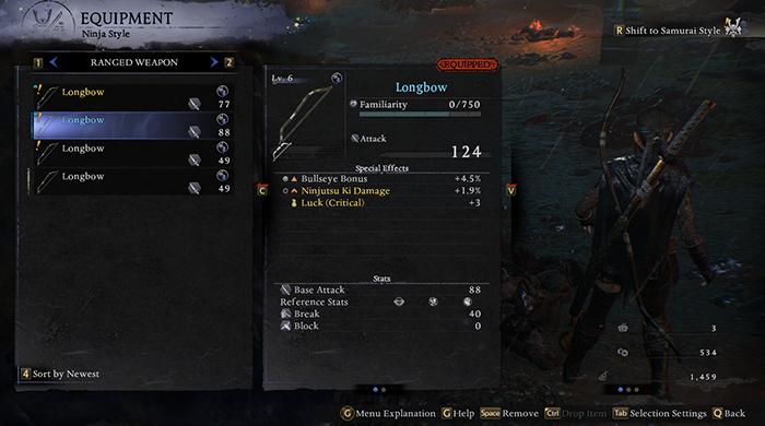 Nioh 3 ranged weapon menu displaying Longbow stats, attack power, special effects, and familiarity level in Ninja Style.