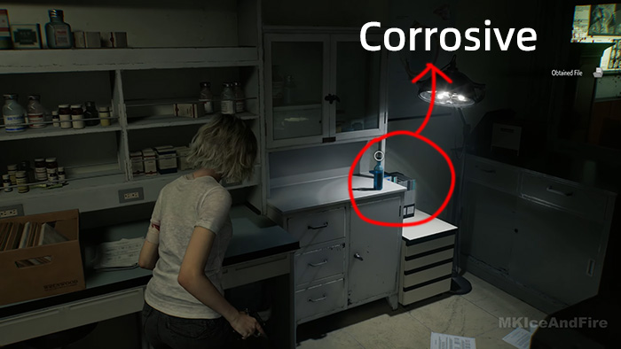 Grace collecting Corrosive acid bottle from lab counter in Resident Evil Requiem