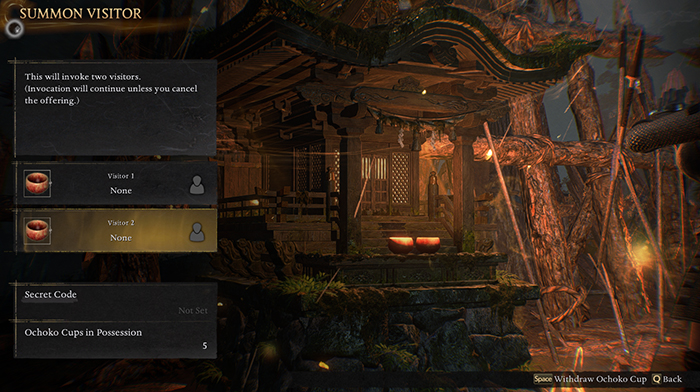 Nioh 3 Summon Visitor menu showing Ochoko Cups count and two visitor slots for online co-op.