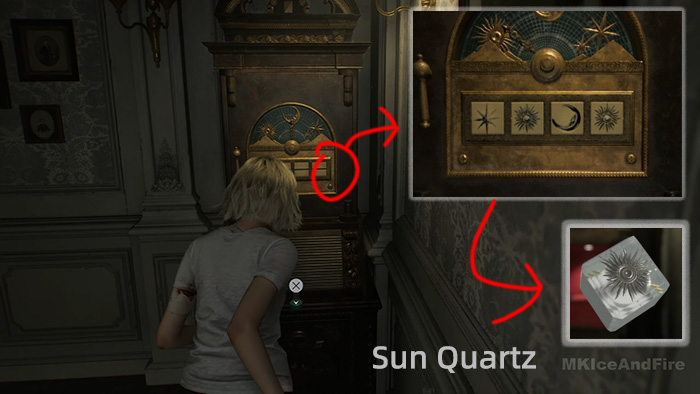 Grace solving Sun Quartz puzzle by setting symbols to Star Sun Moon Sun in Resident Evil Requiem