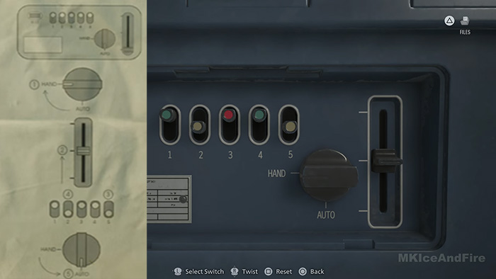 Circuit board puzzle solution with switch positions 1-5 and HAND/AUTO dial in Resident Evil Requiem