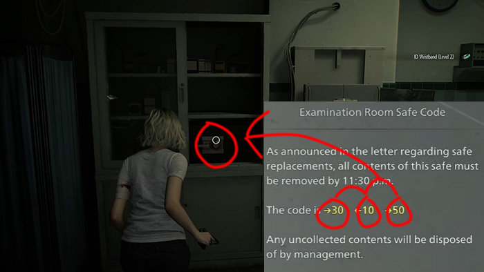 Grace finding Examination Room Safe with code Right 30 Left 10 Right 50 in Resident Evil Requiem