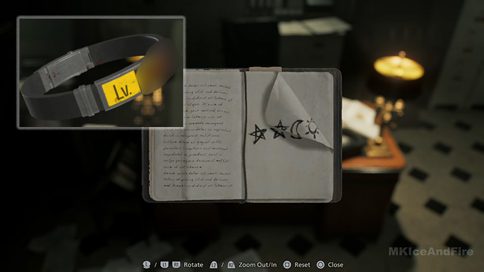 Grace viewing Level 3 ID Wristband and a notebook with star and moon symbol codes in Resident Evil Requiem