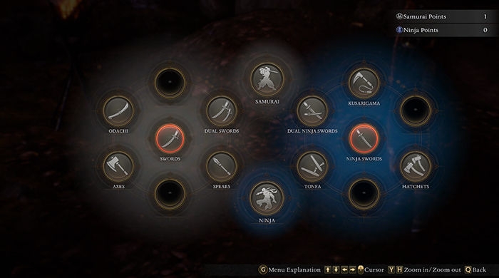 Nioh 3 weapon selection wheel showing Samurai and Ninja weapon types like Swords, Dual Swords, and Ninja Swords with style points.
