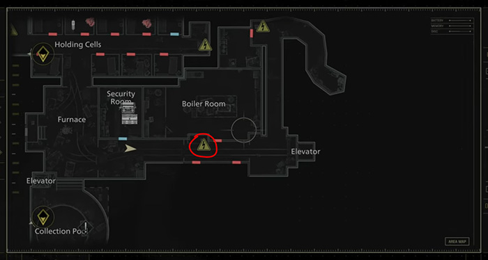 Map showing Boiler Room location marked with warning sign in Resident Evil Requiem basement