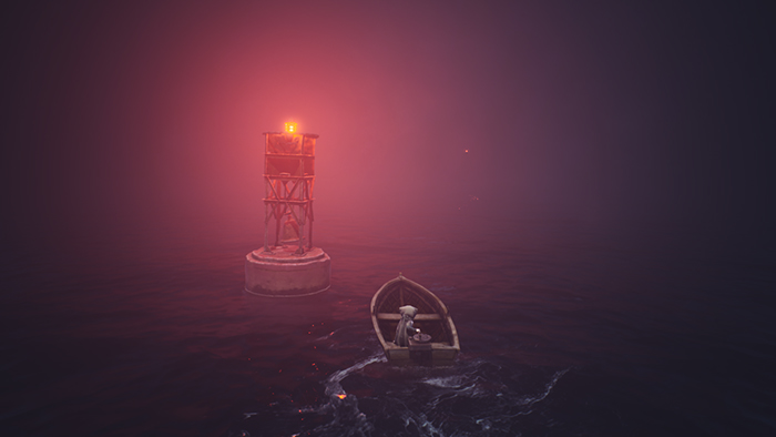 A glowing red lighthouse stands in the mist as the boat approaches.