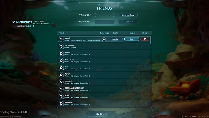Subnautica 2 multiplayer friend list showing online players and join options.