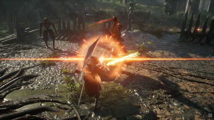 Emma performs a precise parry, deflecting an enemy’s attack with a glowing sword slash. Sparks fly as she counters in a dynamic combat moment, showcasing the game’s action-focused mechanics.