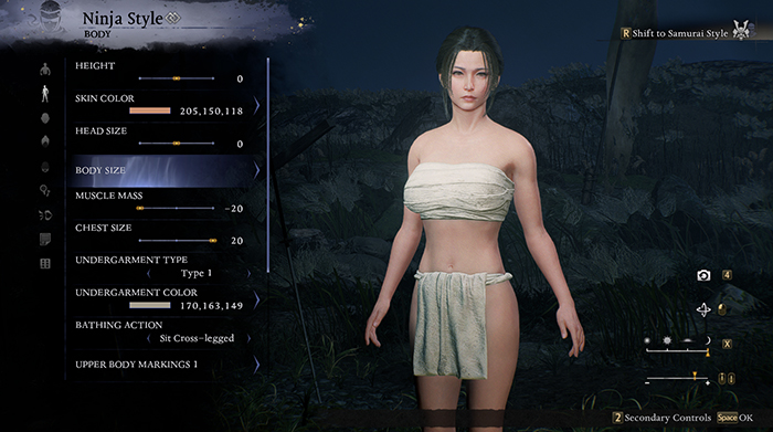 Nioh 3 character creation screen in Ninja Style, showing body customization options like height, muscle mass, and chest size.