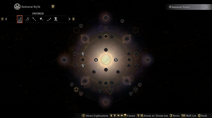 Nioh 3 skill tree for Swords in Samurai Style, displaying skill nodes and progression system.