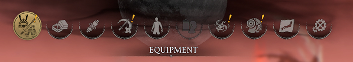 Nioh 3 quick menu bar showing equipment, skills, map, and other game settings with the Equipment tab selected.