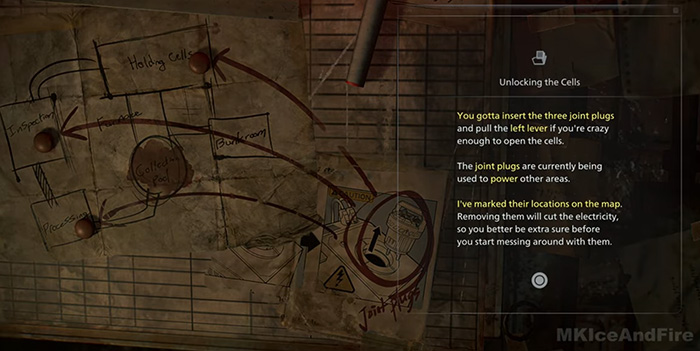 Hand-drawn map note explaining how to unlock cells by inserting three joint plugs in Resident Evil Requiem