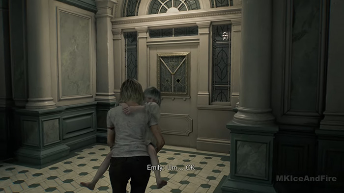 Grace carrying Emily towards the exit door after completing the hospital escape in Resident Evil Requiem