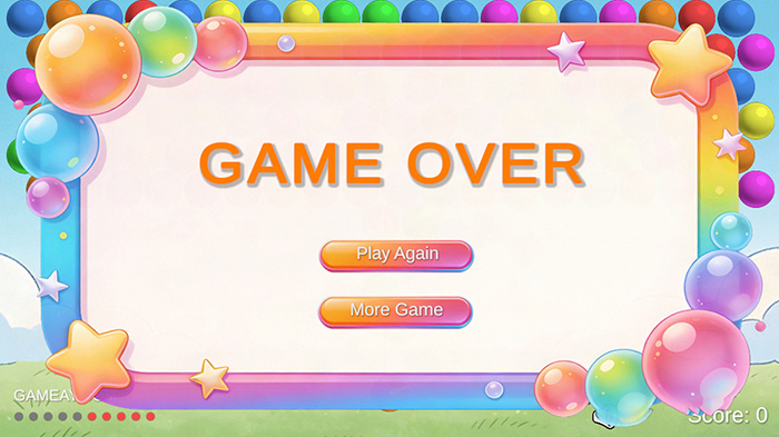 Bubble Pop Game Over screen with rainbow star border. "Play Again" and "More Game" buttons centered. Score displays 0, ammo dots all red (empty). GAMEAY.COM logo at bottom left.