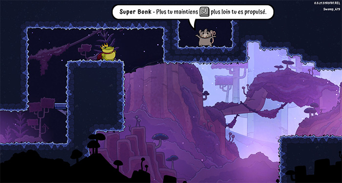 Tutorial level in Croak where a mouse character instructs the player via a speech bubble: "Super Bonk - Plus tu maintiens [mouse icon] plus loin tu es propulsé" (The longer you hold, the further you are launched), demonstrating the grappling mechanic.