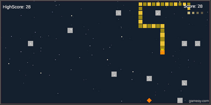 Advanced Snake Game level: long yellow snake navigating around gray obstacles while chasing food. Score is 28, showing increased difficulty with more barriers.