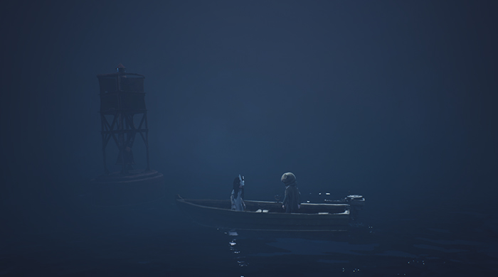 The boy and girl sit together in the boat, heading toward a distant structure.