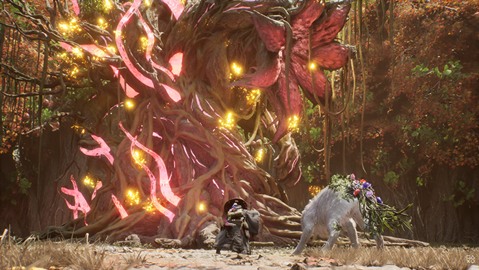 Emma and her dog Koo face a massive, glowing tree like monster in a mystical forest. The creature pulses with light and vines, while pink energy swirls around it showcasing the game’s dark fantasy world.