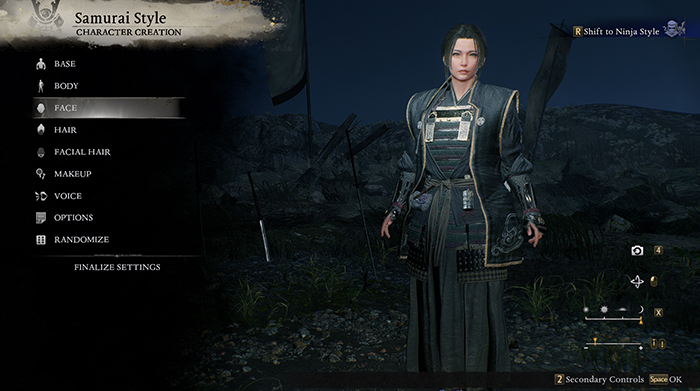 Nioh 3 character creation in Samurai Style, displaying face, hair, and outfit customization menus.