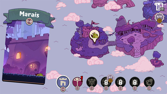 World map screen in Croak showing the "Marais" (Swamp) area with level 1-0 selected. The map features floating islands connected by paths, with icons indicating completed levels, locked stages, and collectible items.