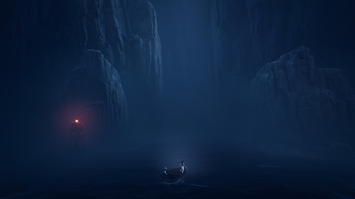 The boat sails through a narrow canyon under a dim red light.